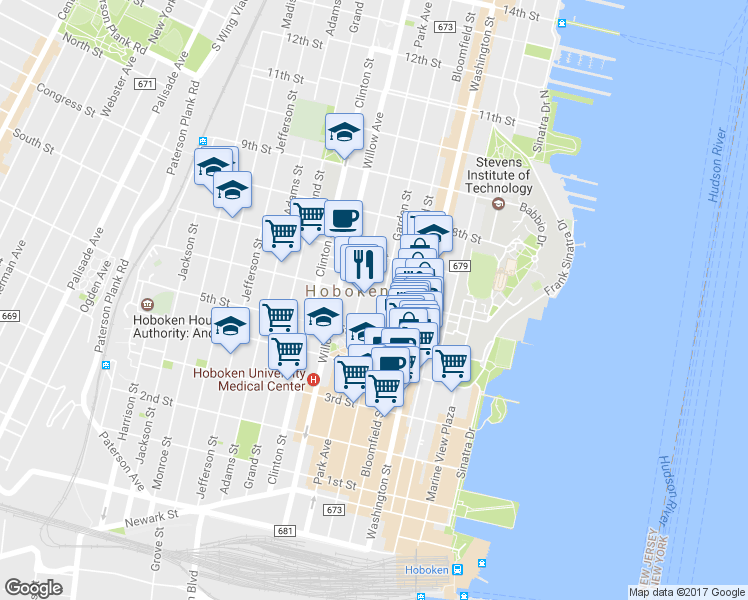 map of restaurants, bars, coffee shops, grocery stores, and more near 515 Garden Street in Hoboken