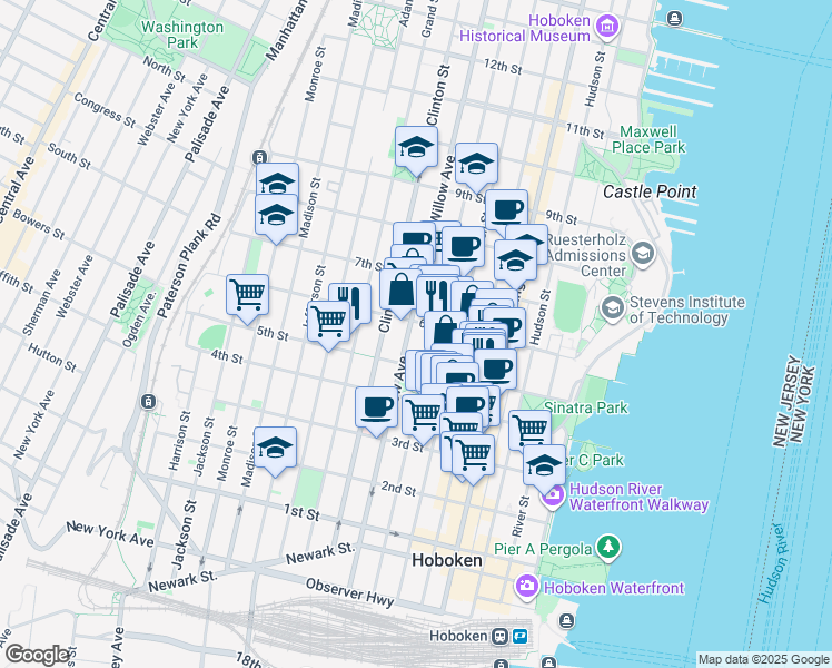 map of restaurants, bars, coffee shops, grocery stores, and more near 250 5th Street in Hoboken