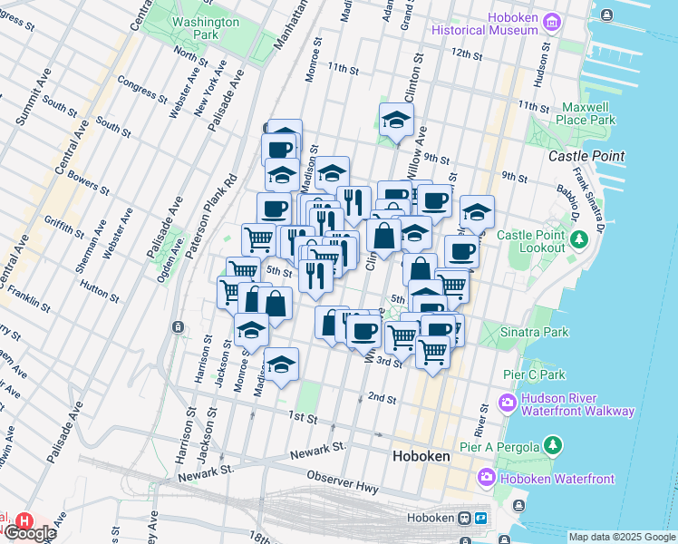 map of restaurants, bars, coffee shops, grocery stores, and more near 415 Adams Street in Hoboken
