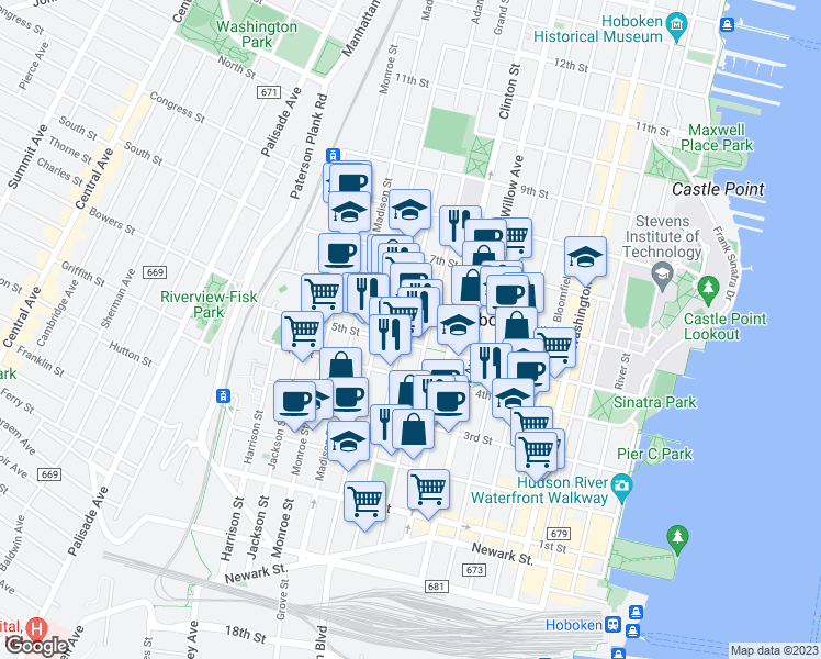 map of restaurants, bars, coffee shops, grocery stores, and more near 415 Adams Street in Hoboken
