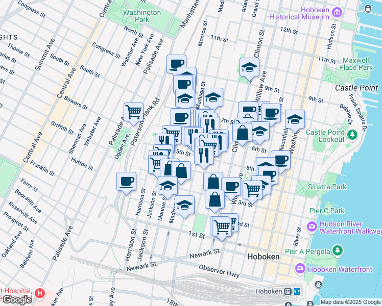 map of restaurants, bars, coffee shops, grocery stores, and more near 410 Jefferson Street in Hoboken