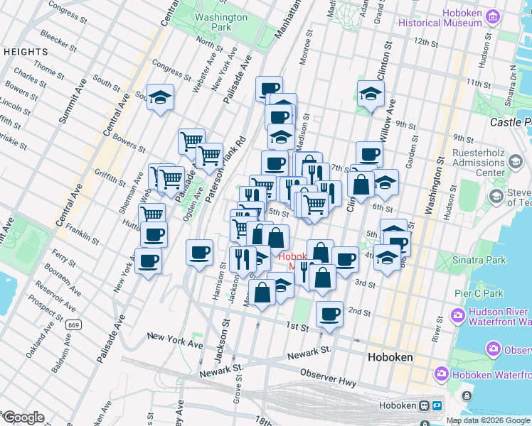 map of restaurants, bars, coffee shops, grocery stores, and more near in Hoboken