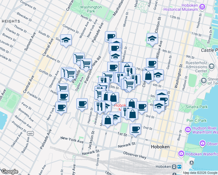 map of restaurants, bars, coffee shops, grocery stores, and more near in Hoboken