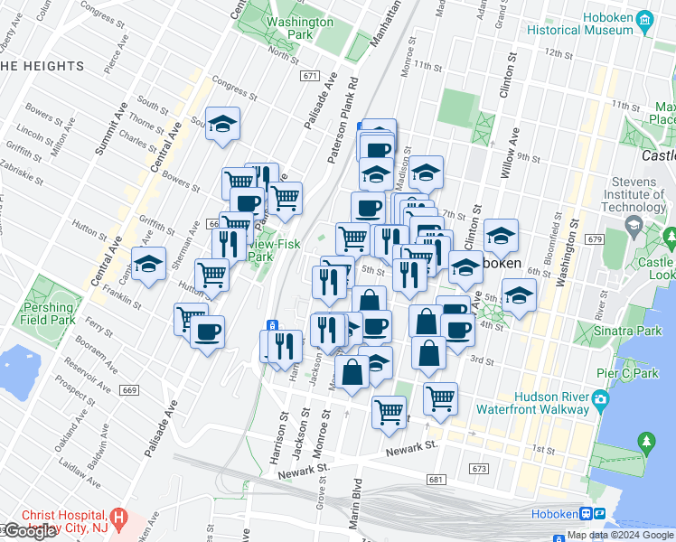 map of restaurants, bars, coffee shops, grocery stores, and more near 655 4th Street in Hoboken