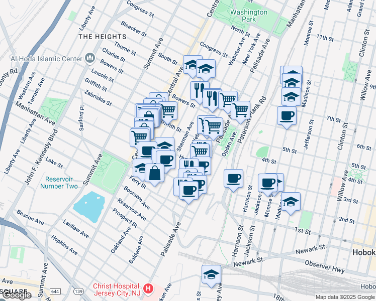 map of restaurants, bars, coffee shops, grocery stores, and more near 198 New York Avenue in Jersey City