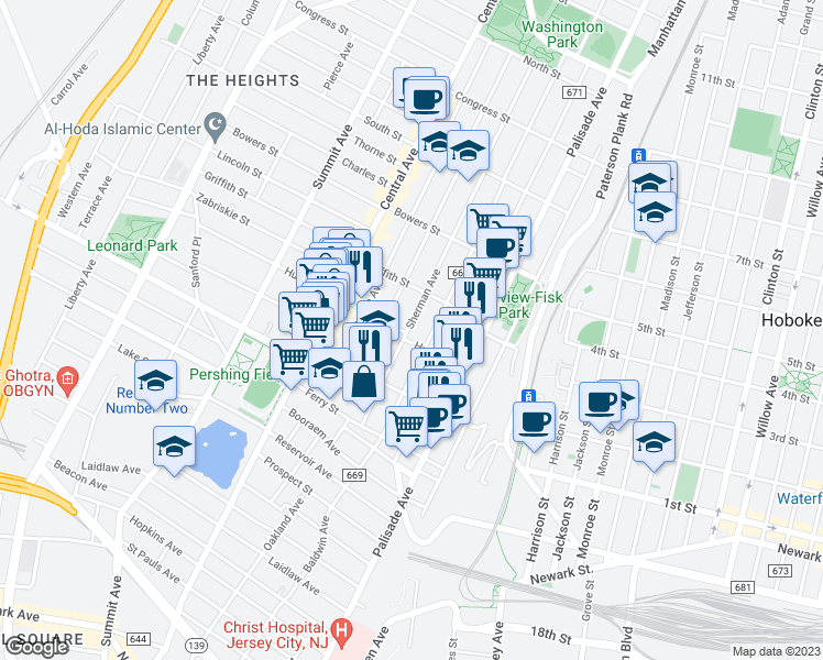 map of restaurants, bars, coffee shops, grocery stores, and more near 70 Sherman Avenue in Jersey City