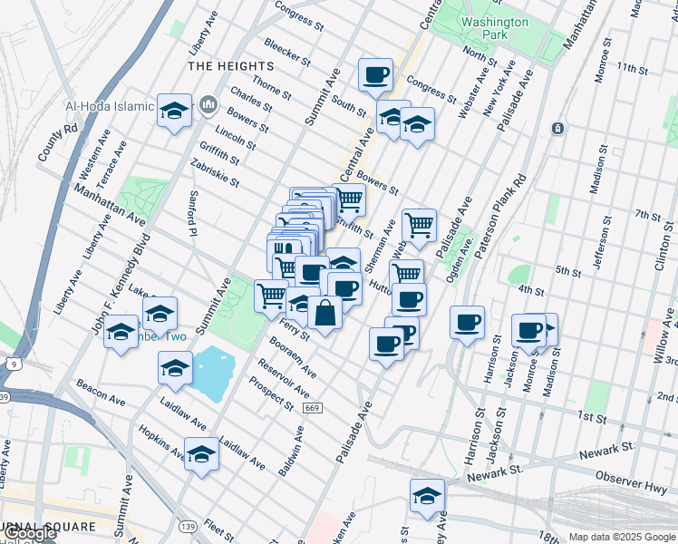 map of restaurants, bars, coffee shops, grocery stores, and more near 13 Hancock Avenue in Jersey City