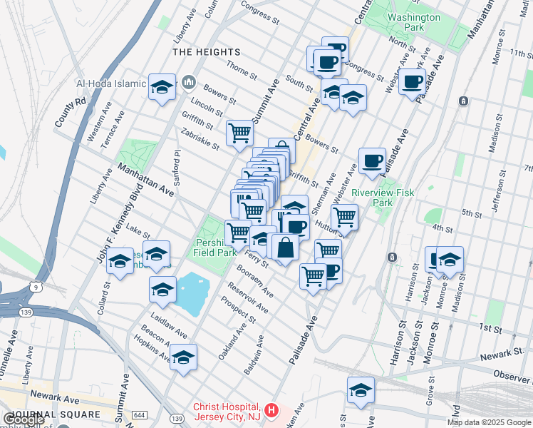 map of restaurants, bars, coffee shops, grocery stores, and more near 136 Franklin Street in Jersey City