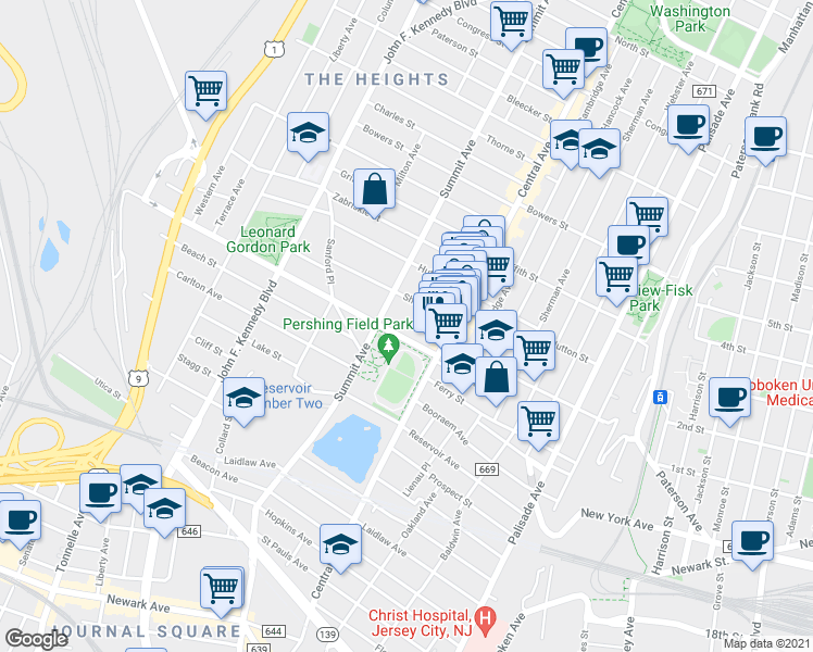map of restaurants, bars, coffee shops, grocery stores, and more near in Jersey City