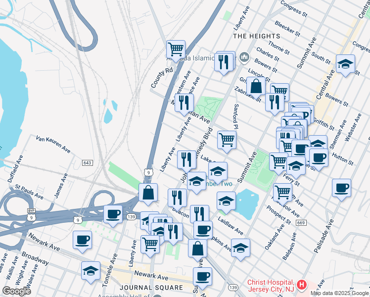 map of restaurants, bars, coffee shops, grocery stores, and more near in Jersey City