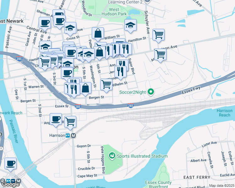 map of restaurants, bars, coffee shops, grocery stores, and more near 713 Bergen Street in Harrison