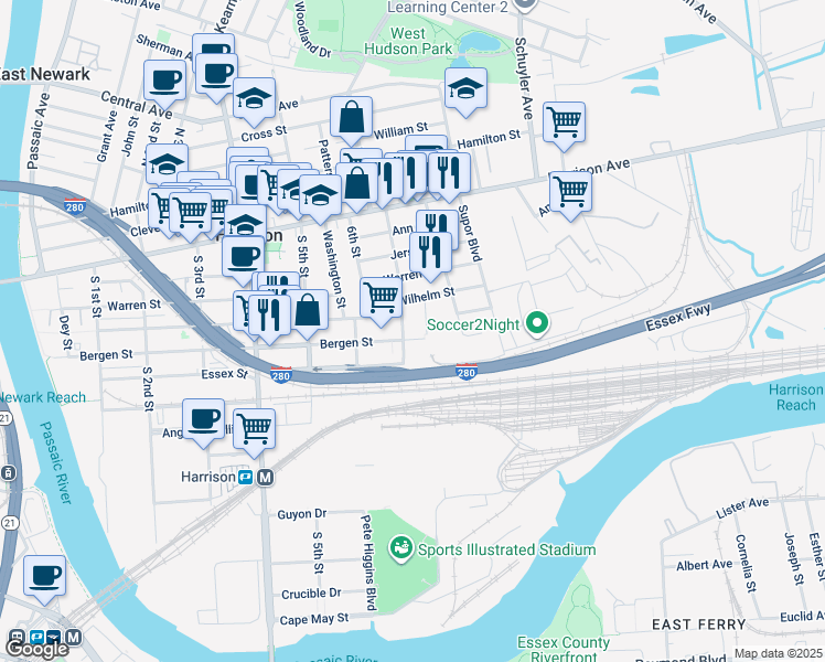 map of restaurants, bars, coffee shops, grocery stores, and more near 713 Bergen Street in Harrison