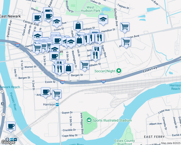 map of restaurants, bars, coffee shops, grocery stores, and more near 713 Bergen Street in Harrison
