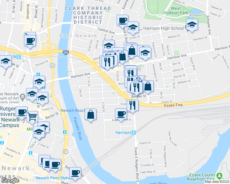 map of restaurants, bars, coffee shops, grocery stores, and more near 201 Bergen Street in Harrison