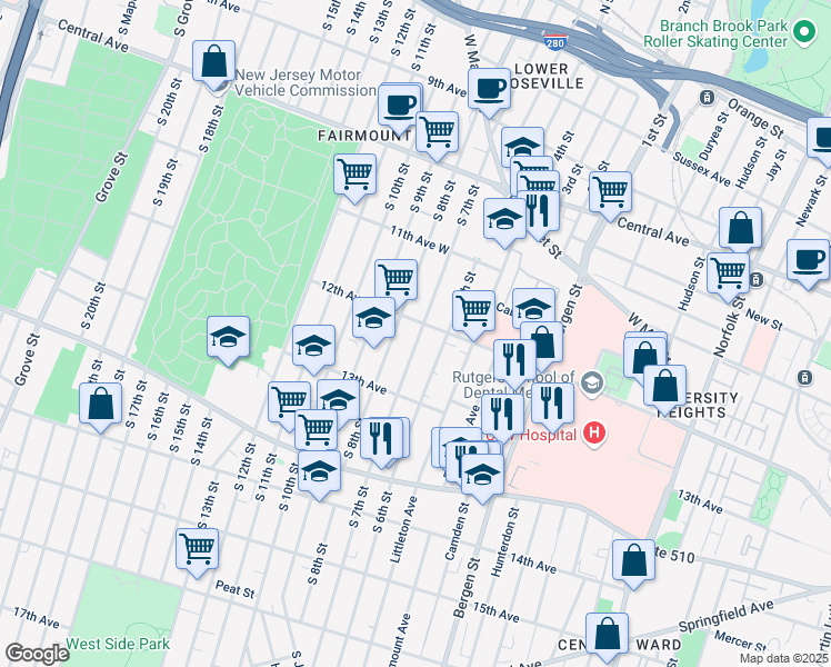 map of restaurants, bars, coffee shops, grocery stores, and more near 172 South 7th Street in Newark