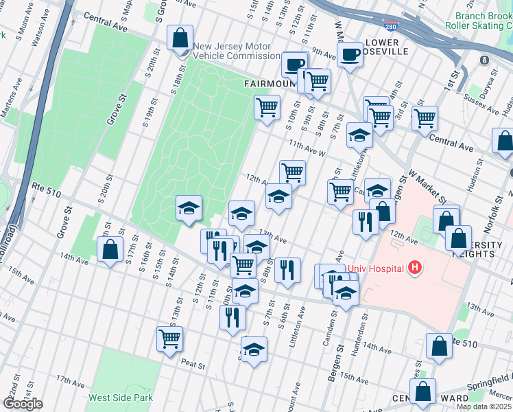 map of restaurants, bars, coffee shops, grocery stores, and more near 375-389 13th Avenue in Newark