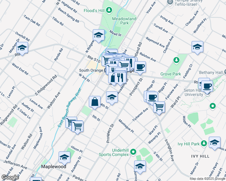 map of restaurants, bars, coffee shops, grocery stores, and more near 103 3rd Street in South Orange