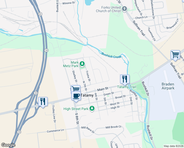 map of restaurants, bars, coffee shops, grocery stores, and more near 139 Trisha Street in Easton