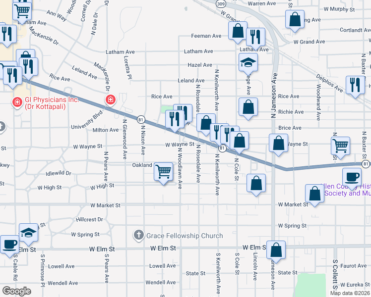 map of restaurants, bars, coffee shops, grocery stores, and more near 1430 Oakland Parkway in Lima