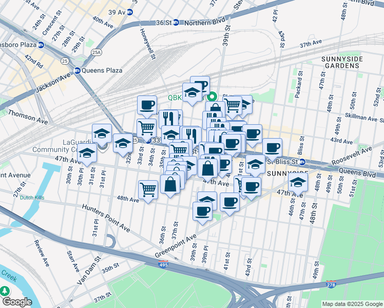 map of restaurants, bars, coffee shops, grocery stores, and more near 45-30 38th Street in Queens