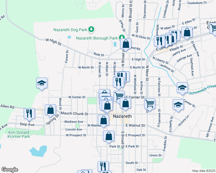 map of restaurants, bars, coffee shops, grocery stores, and more near 34 North Main Street in Nazareth