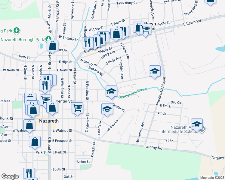 map of restaurants, bars, coffee shops, grocery stores, and more near 502 East Chestnut Street in Nazareth