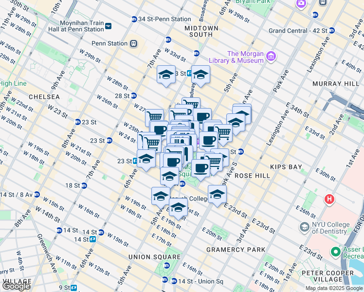 map of restaurants, bars, coffee shops, grocery stores, and more near in New York