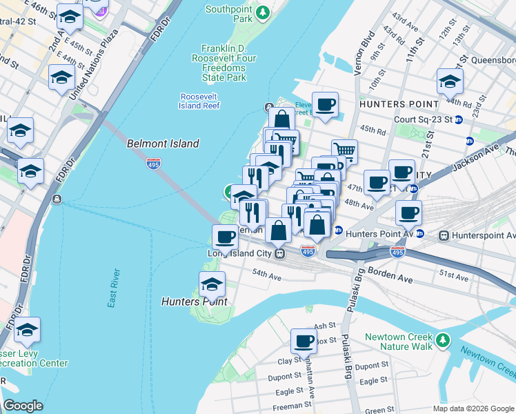 map of restaurants, bars, coffee shops, grocery stores, and more near 2-01 50th Avenue in Queens