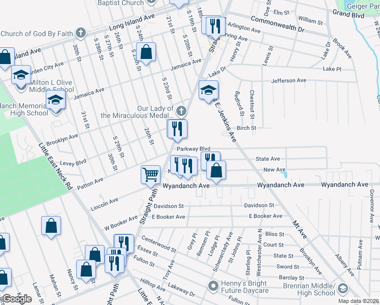map of restaurants, bars, coffee shops, grocery stores, and more near 26 Parkway Boulevard in Wyandanch