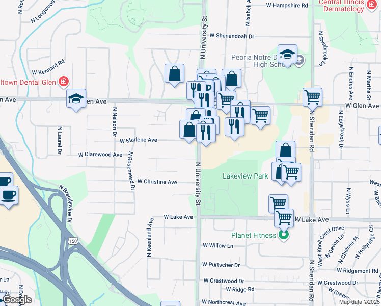map of restaurants, bars, coffee shops, grocery stores, and more near 4527 N University St in Peoria