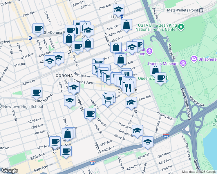 map of restaurants, bars, coffee shops, grocery stores, and more near 103-50 51st Avenue in Queens