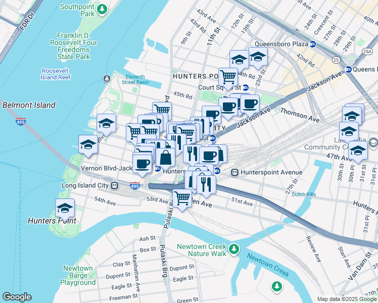 map of restaurants, bars, coffee shops, grocery stores, and more near 11-39 49th Avenue in Queens