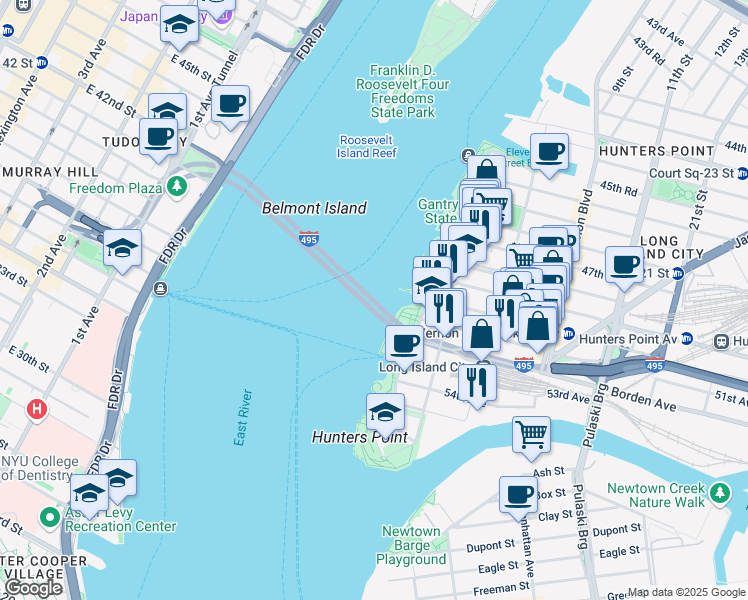 map of restaurants, bars, coffee shops, grocery stores, and more near Queens Midtown Tunnel in New York