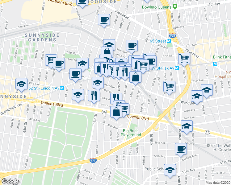 map of restaurants, bars, coffee shops, grocery stores, and more near 58-61 41st Drive in Queens