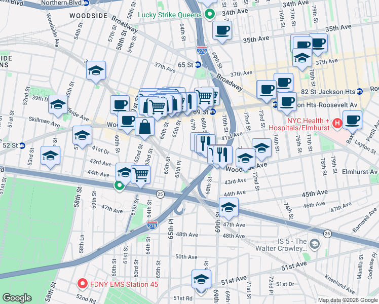 map of restaurants, bars, coffee shops, grocery stores, and more near 41-36 66th Street in Queens