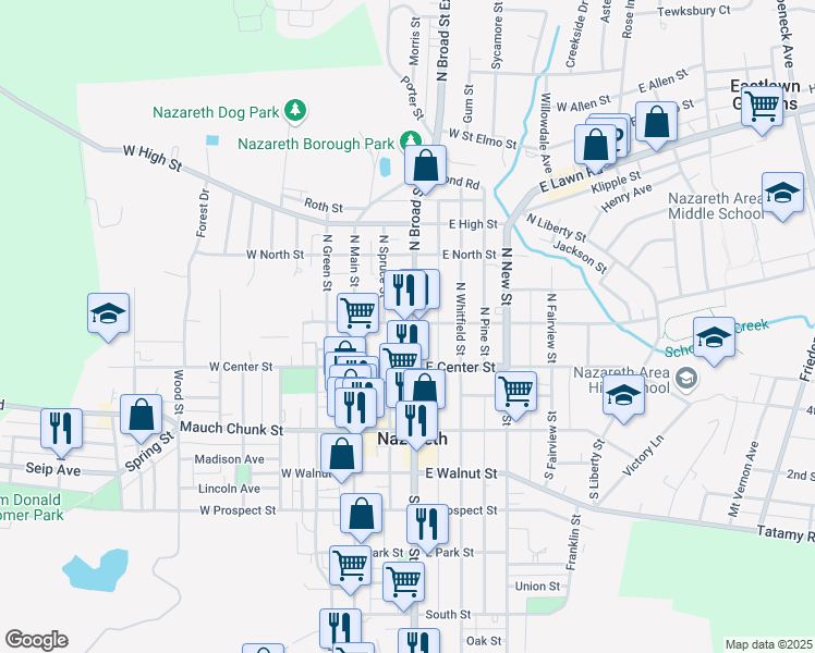 map of restaurants, bars, coffee shops, grocery stores, and more near 25 East Center Street in Nazareth