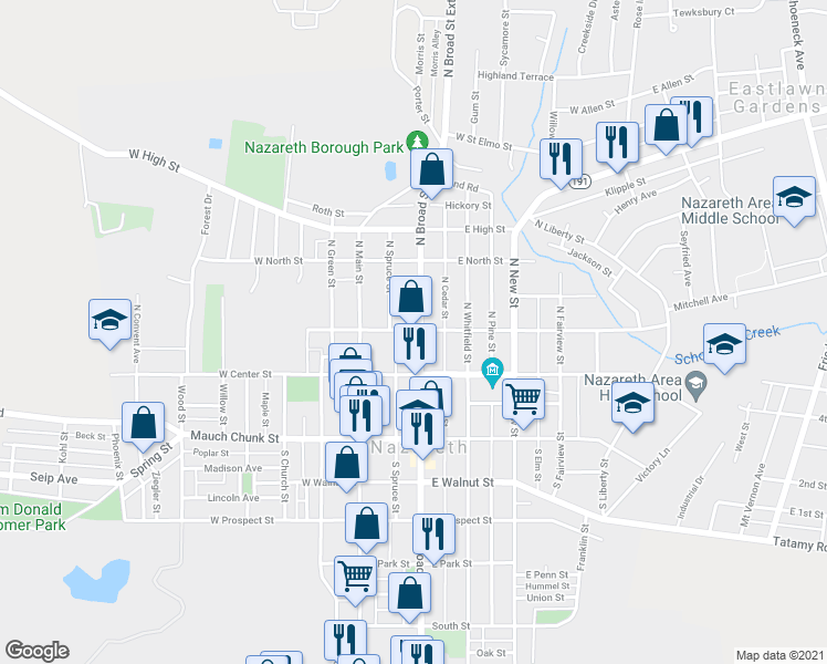 map of restaurants, bars, coffee shops, grocery stores, and more near 75 North Broad Street in Nazareth