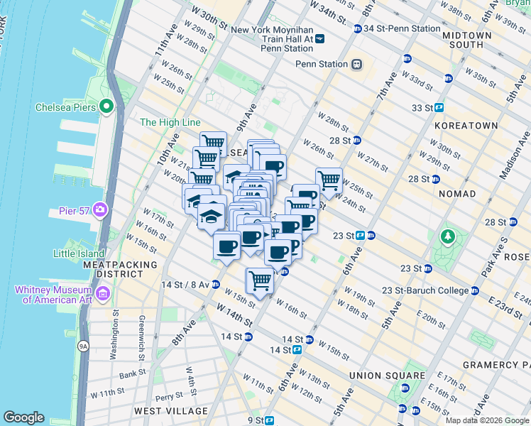 map of restaurants, bars, coffee shops, grocery stores, and more near 264 West 21st Street in New York