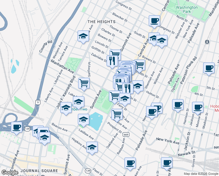 map of restaurants, bars, coffee shops, grocery stores, and more near 100 Manhattan Avenue in Jersey City