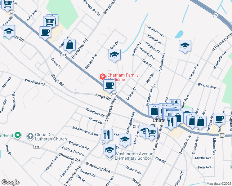 map of restaurants, bars, coffee shops, grocery stores, and more near 425 Main Street in Chatham