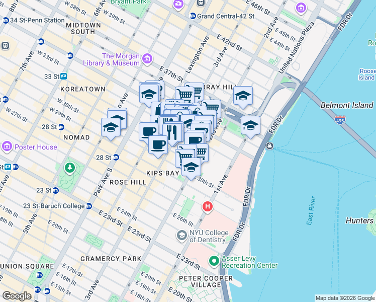 map of restaurants, bars, coffee shops, grocery stores, and more near 232 East 32nd Street in New York