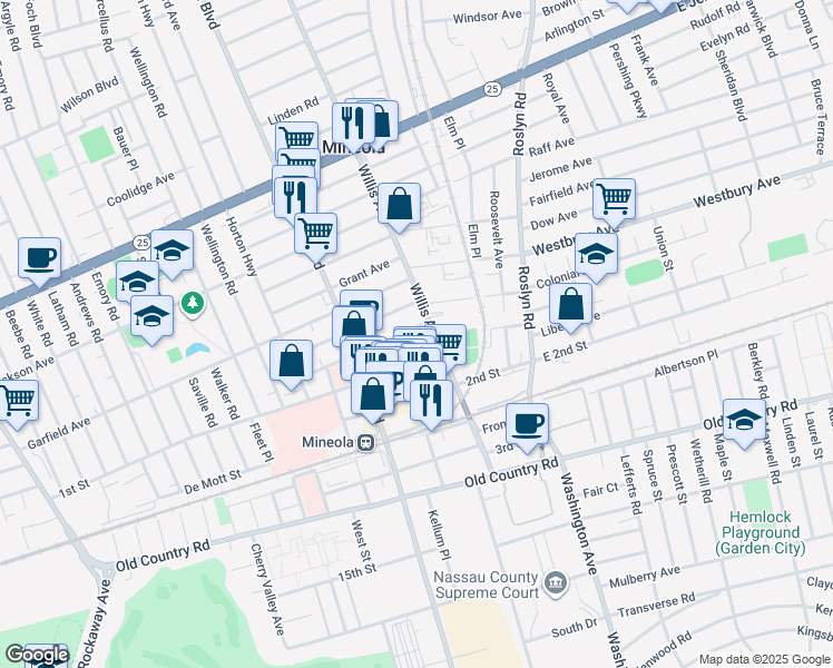map of restaurants, bars, coffee shops, grocery stores, and more near 156 Willis Avenue in Mineola