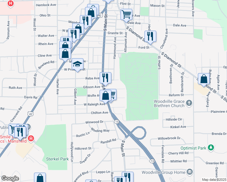 map of restaurants, bars, coffee shops, grocery stores, and more near 42 State Street in Mansfield