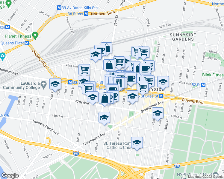 map of restaurants, bars, coffee shops, grocery stores, and more near Queens Boulevard & 39th Place in Queens