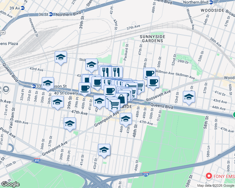 map of restaurants, bars, coffee shops, grocery stores, and more near in Queens