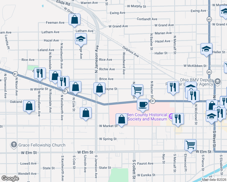 map of restaurants, bars, coffee shops, grocery stores, and more near 965 Brice Avenue in Lima