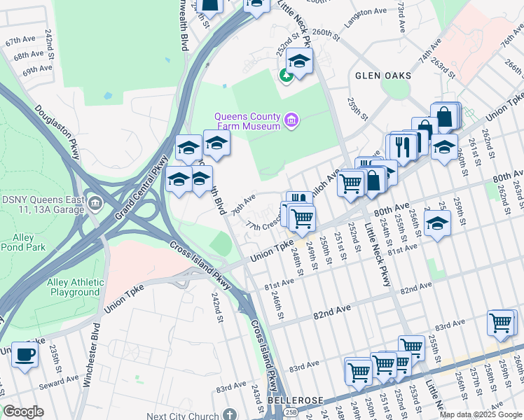 map of restaurants, bars, coffee shops, grocery stores, and more near 247-20 76th Avenue in Queens