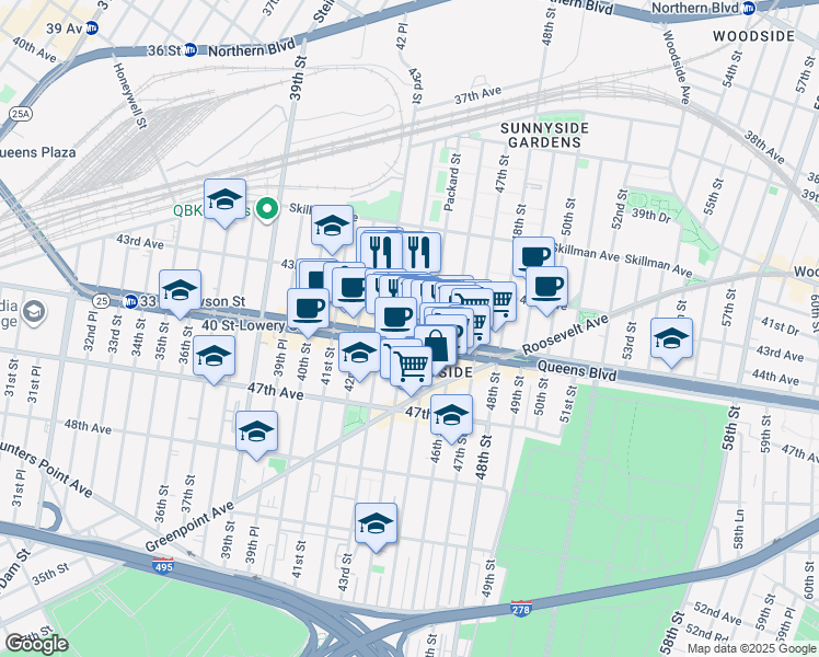 map of restaurants, bars, coffee shops, grocery stores, and more near in Queens