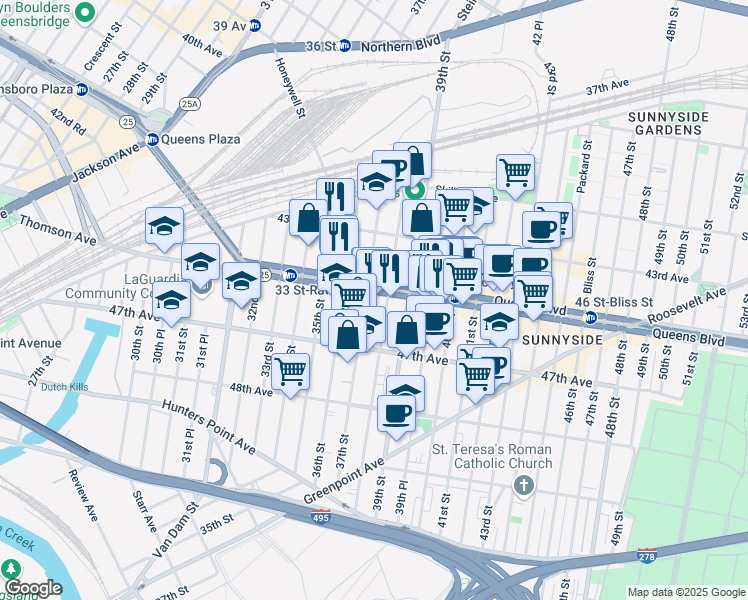 map of restaurants, bars, coffee shops, grocery stores, and more near in Queens
