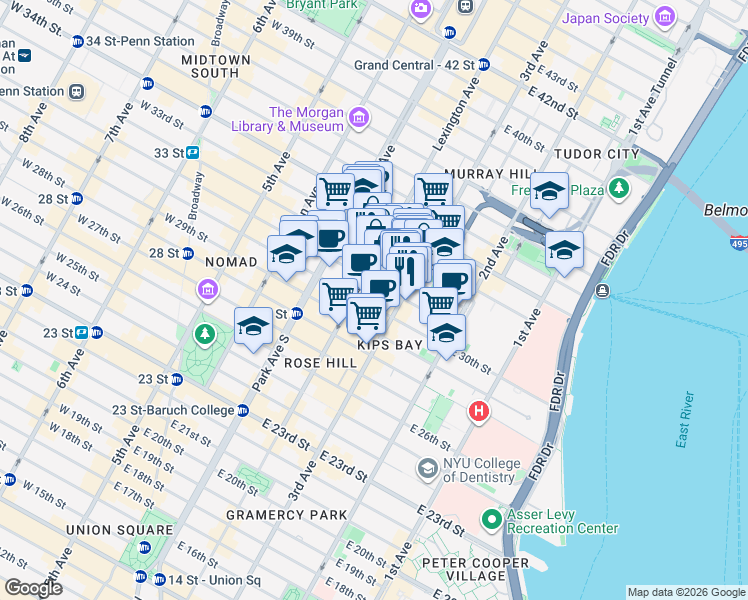 map of restaurants, bars, coffee shops, grocery stores, and more near 155 East 31st Street in New York